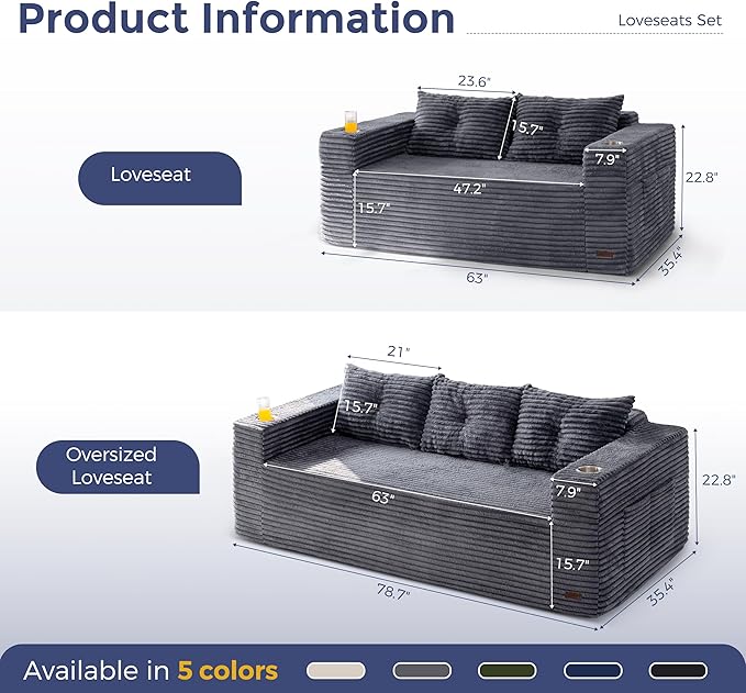 MAXYOYO Boneless Couch and Loveseat Sets for Small Spaces, Mini Love Seat Floor Couch with Cup Holders and Pillows, Upholstered Cloud Couch for Bedroom Apartment, No Assembly Required
