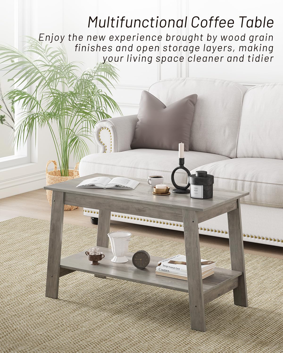 Coffee Table, Coffee Table for Living Room, Modern Farmhouse Coffee Table with Storage Shelf, 2-Tier Living Room Table Rectangular Center Table, Home Office Industrial Cocktail Tables, Grey