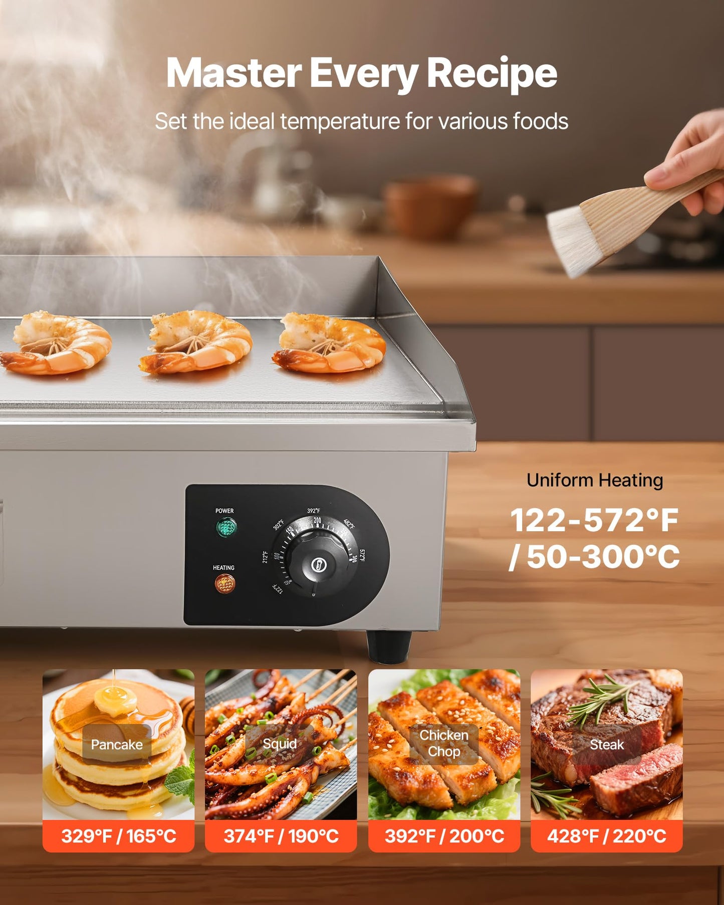 VEVOR Commercial Electric Griddle, 21 x 11.8 inch, 1750W, 122-570°F Adjustable Temp Control, Stainless Steel Countertop Flat Top Grill with 2 Spatulas, 2 Brushes and 4 Foot Pads, for Steak, Pancake