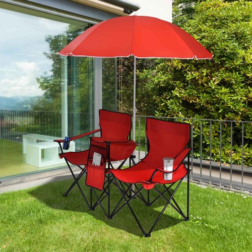 ReunionG Double Folding Camping Chairs, Portable Beach Chairs with Removable Umbrella & Mini Table Carrying Bag, Outdoor Lawn Chairs for Picnic, Patio, Pool, Park (Red)