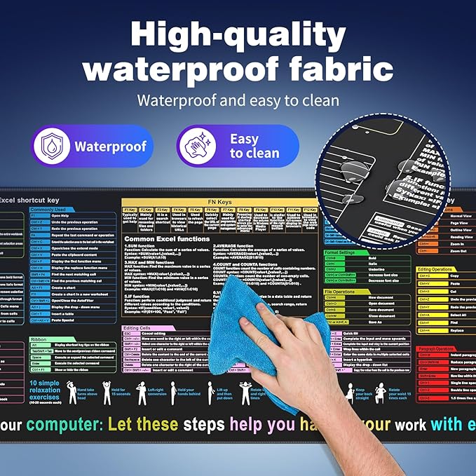 Excel Cheat Sheet Desk pad—Contains 12 Types of Common Skills in Excel and Word|Large XL Size（31.5 * 11.8 inch）|Desk mat for Keyboard and Mouse|Work、Study、Gaming Mouse pad|Waterproof、Anti-Slip