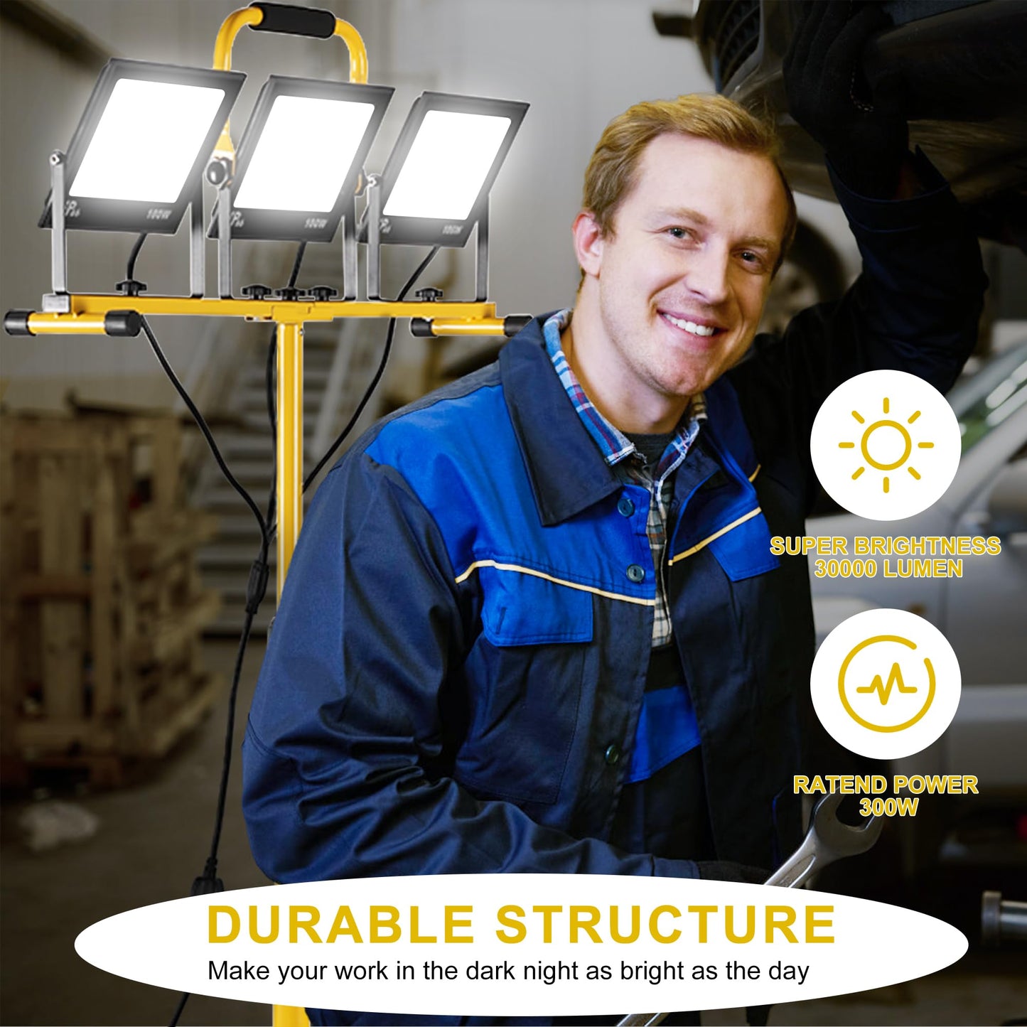 30000 Lumen Work Lights with Stand, 3 Adjustable Head LED Work Light, with Adjustable and Foldable Tripod Stand, Waterproof Lamp with 6500 Kelvin Color Temperature