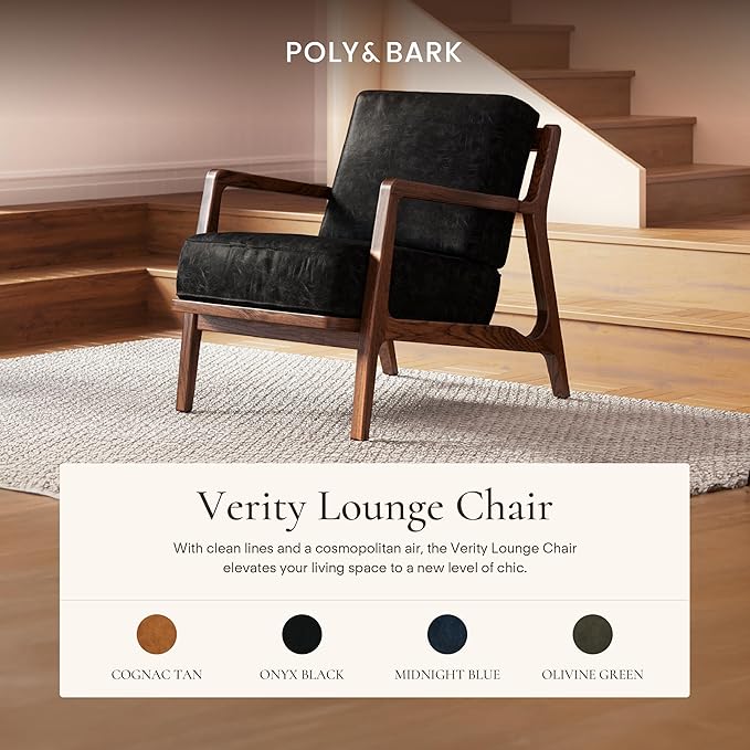 Poly & BARK Verity Leather Accent Chair – Armchair with Walnut Wood Frame – Fashion-Forward Lounge Seating for Living Room – Upholstered in Onyx Black Leather for Modern Style