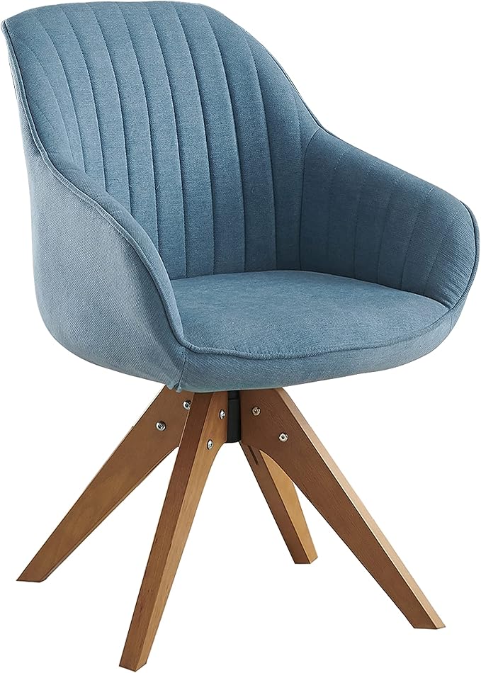 Art Leon Dining Chair, Mid Century Modern Fabric Upholstered Swivel Dining Room Chair with Wood Legs, Leisure Side Chair with Arms for Living Room, Blue