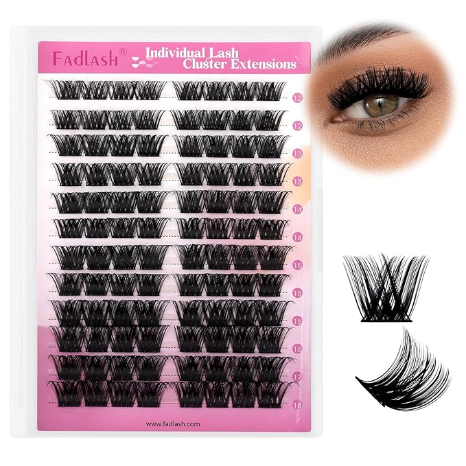 FADLASH Lash Clusters Individual Lashes 12-18mm Large Tray Cluster Lashes D Curl Mixed Length Eyelash Clusters Reusable DIY Lash Extensions (F2-07D-12-18mm)