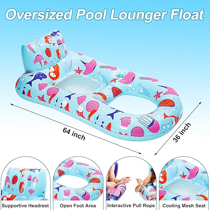 PuppyuWill 4 Pack Pool Floats Adult,Inflatable Pool Lounger Float Heavy Duty with Cup Holder, Backrest & Footrest Pool Lounge Float Extra Large Pool Rafts for Adults Beach Lake Party