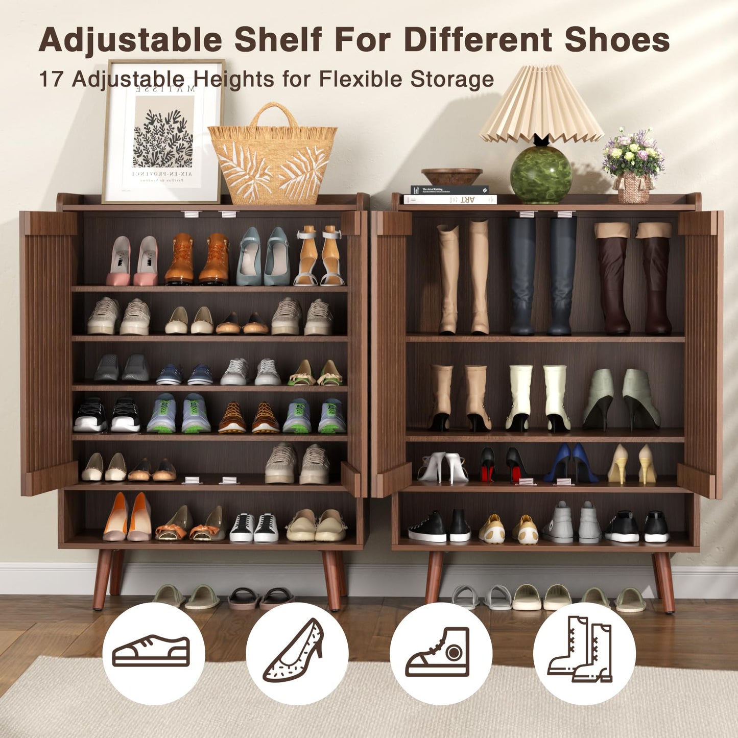 FiveWillowise Large Shoe Storage Cabinet with Adjustable Shelves, 6-Tier Wooden Shoe Rack Organizer with Grille Doors for Entryway, Hallway, Closet, Bedroom, Living Room, Walnut