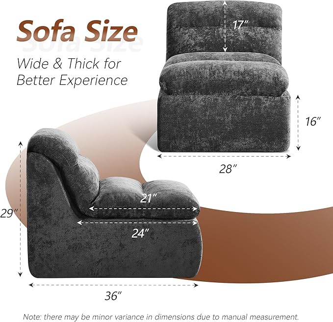 WUTUTUEE Boneless Cloud Armless Floor Sofa, Comfy Double-Layer Chenille Bean Bag Chair with High Density Memory Foam, No Assembly Togo Sofa for Living Room Bedroom (Grey)