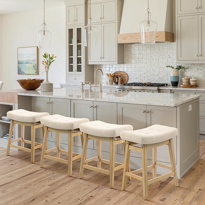 Counter Height Bar Stools Set of 6 for Kitchen Counter, Backless Farmhouse Island Short Barstools No Back with Padded Fabric Saddle Seat & Solid Wood Legs Modern 24 inch Counter Top Bar Chairs, Khaki