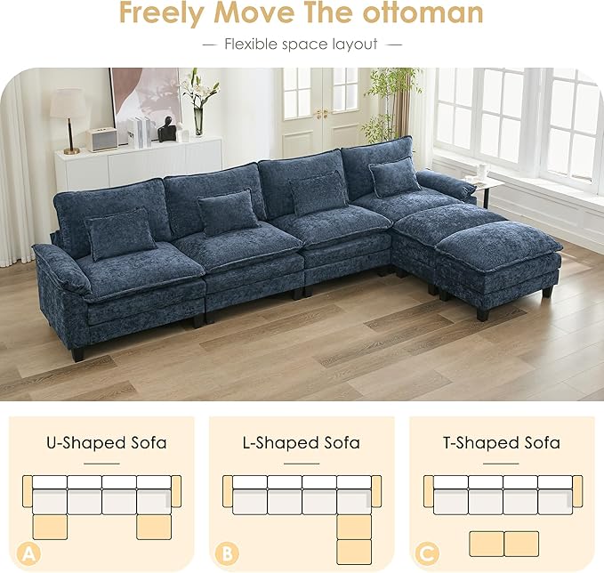 URRED Cloud Couch Modular Sectional Sofa, 157" Modern U Shaped Deep Seat Sofa with 2 Ottomans & Pillows, Ultra Comfy Chenille Couches for Living Room, Bedroom or Apartment, Blue