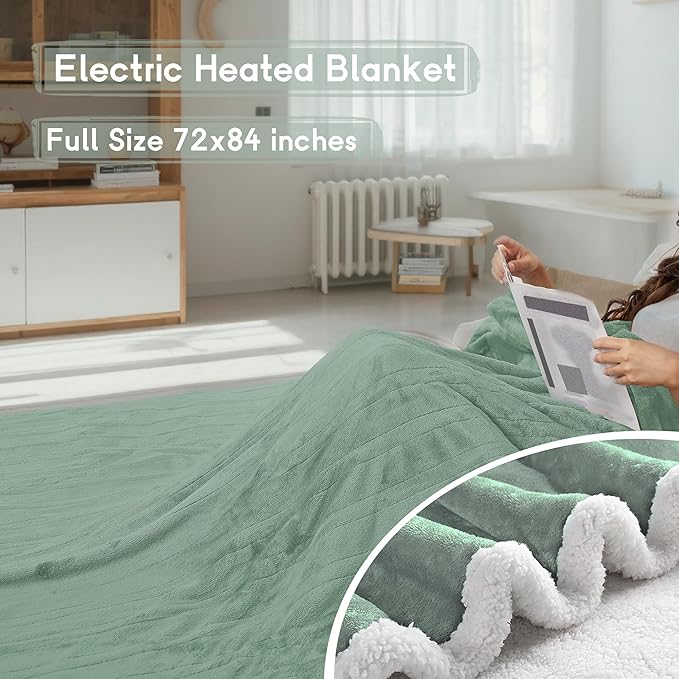 Heated Blanket Electric Blanket Full Size 72''x84'' with 9 Heating Levels, 1-10 Hour Auto Shut Off, Machine Washable, Flannel & Sherpa Soft Warming Blanket for Couch, Bed, Office - Light Green