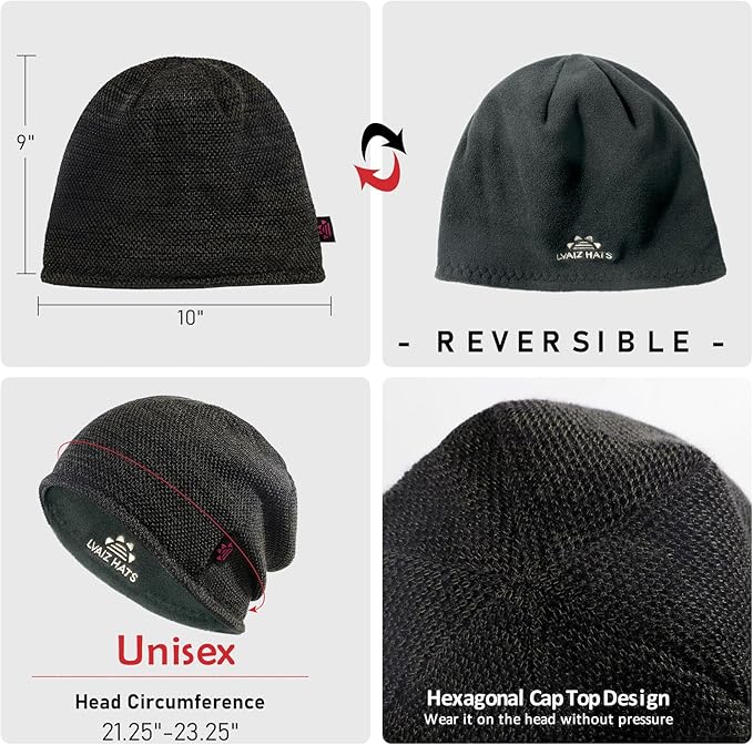 Lvaiz Mens Winter Beanie Hat Warm Fleece Lined Skull Cap for Men Reversible Women Windproof Watch Hat Knit Warm Unisex Beanie