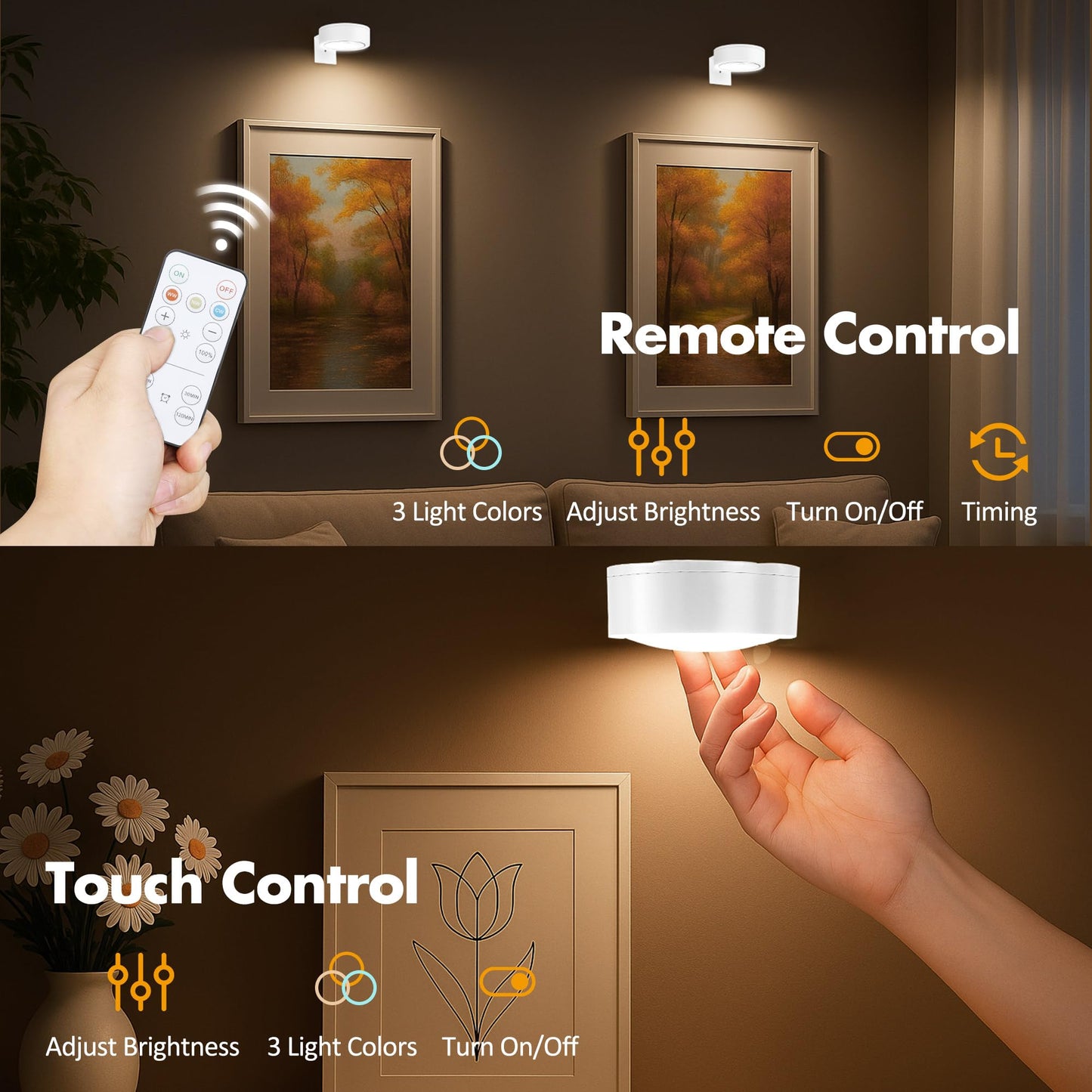 6Pcs Picture Light Battery Operated, Magnetic Led Painting Light with Remote Dimmable and Timer, 3 Lighting Modes Art Display Light for Picture Frame Paintings, Wireless Wall Decor Puck Lights