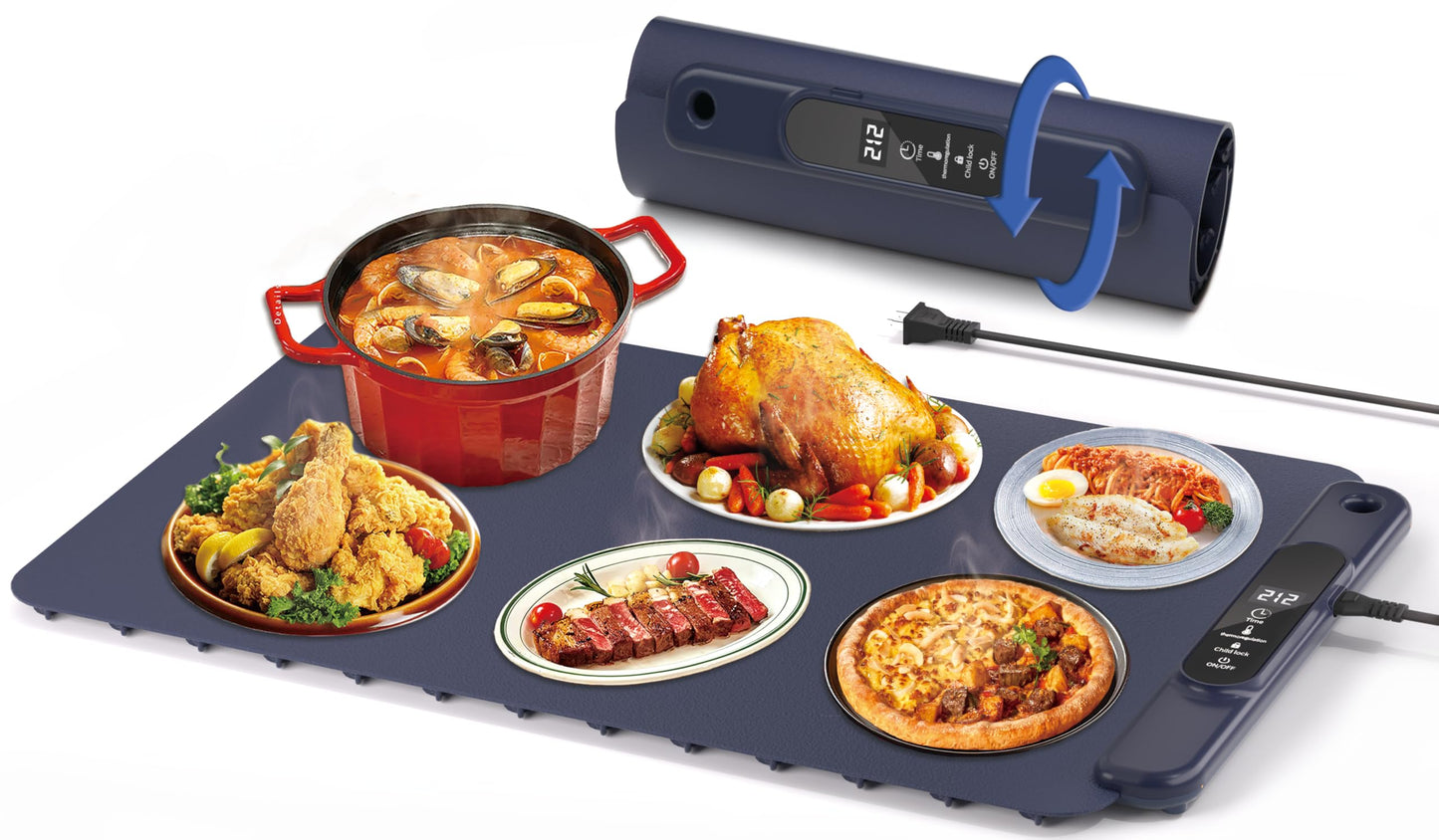 Food Warming Mat Electric Tray: YTLAD Silicone Heating Pad with 6 Level Adjustable Temperature and 5 Hours Timer & Family Lock, Foldable Food Warmers for Parties, Daily Use (Blue, 25.6" x 15.55")