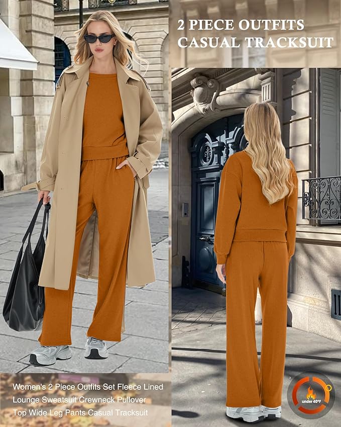 Sweetyweee Women's 2 Piece Outfits Set Fleece Lined Lounge Sweatsuit Crewneck Pullover Top Wide Leg Pants Casual Tracksuit