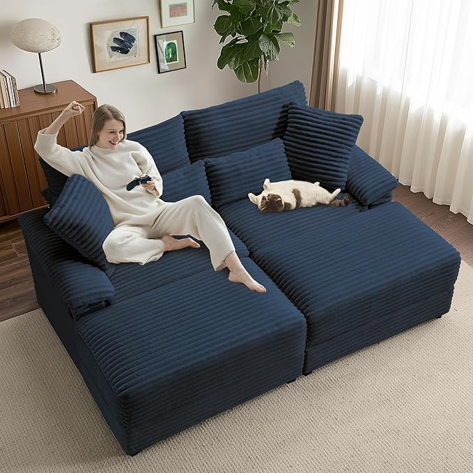 SUNWAVE 74" W Double Chaise Lounge Chair Indoor, Oversized Loveseat with Storage Ottoman, Corduroy Couch with USB Charging, Removable Ottoman, and Coffee Table Cushions for Living Room, Apartment