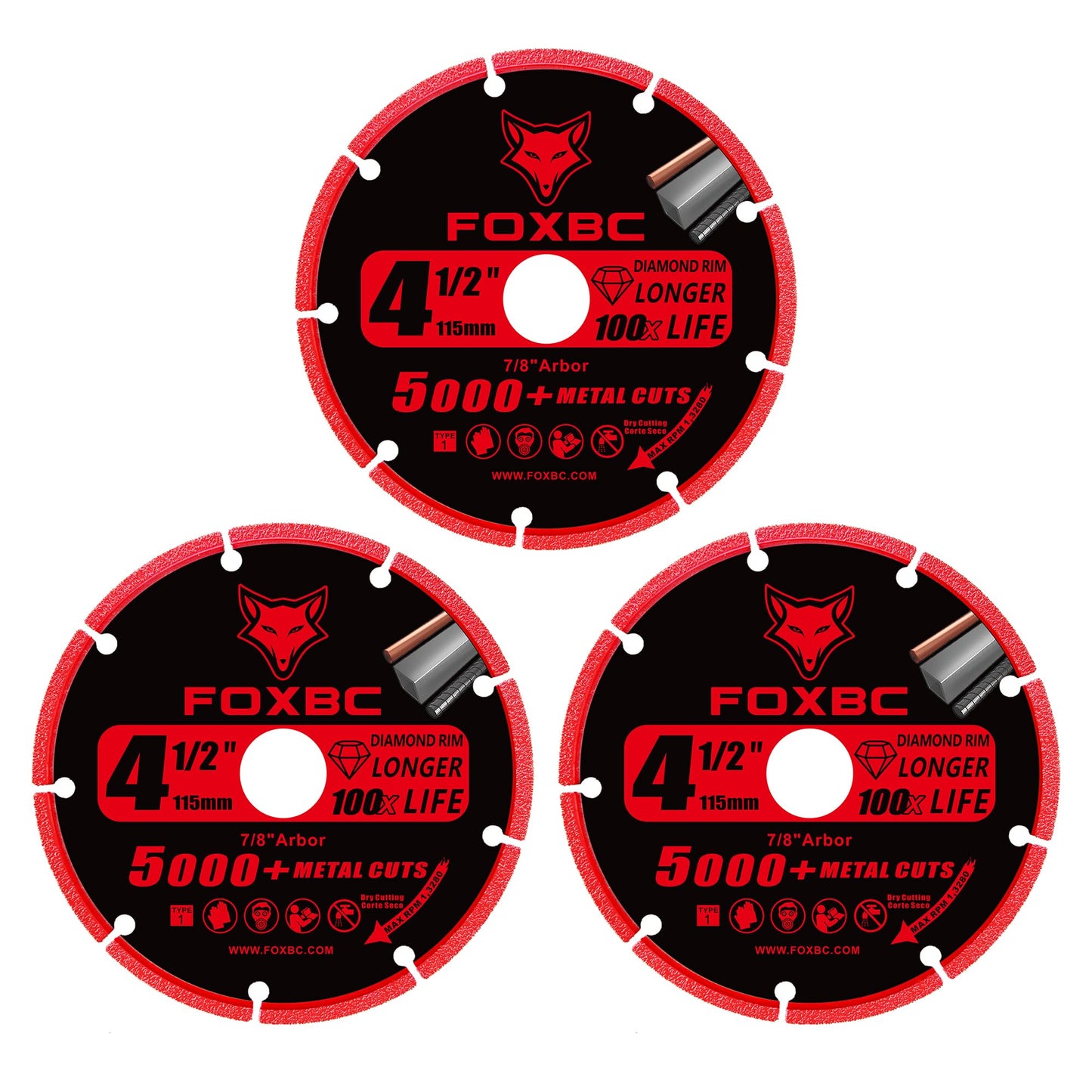 FOXBC 4-1/2 Inch Diamond Cutting Wheel Metal Cut Off for Angle Grinder, 5000+ Cuts on Rebar, Stainless Steel, Angle Iron, 7/8" Arbor - 3 Pack