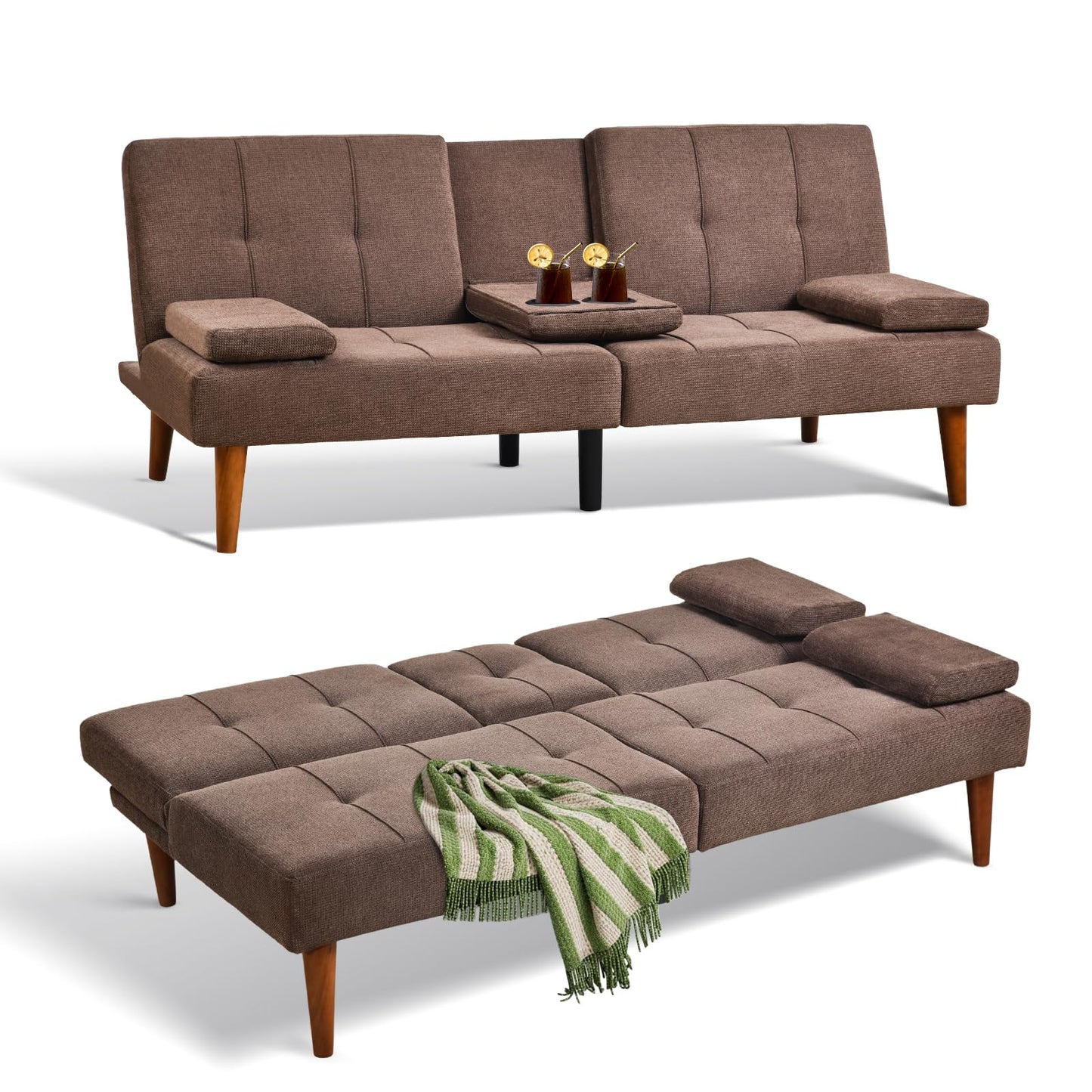 COLAMY Futon Sofa Bed-Fabric Small Couch, Lounge Convertible with 2 Cup Holders, Removable Soft Armrest, Adjustable Backrest for Dorm/Bedroom/College