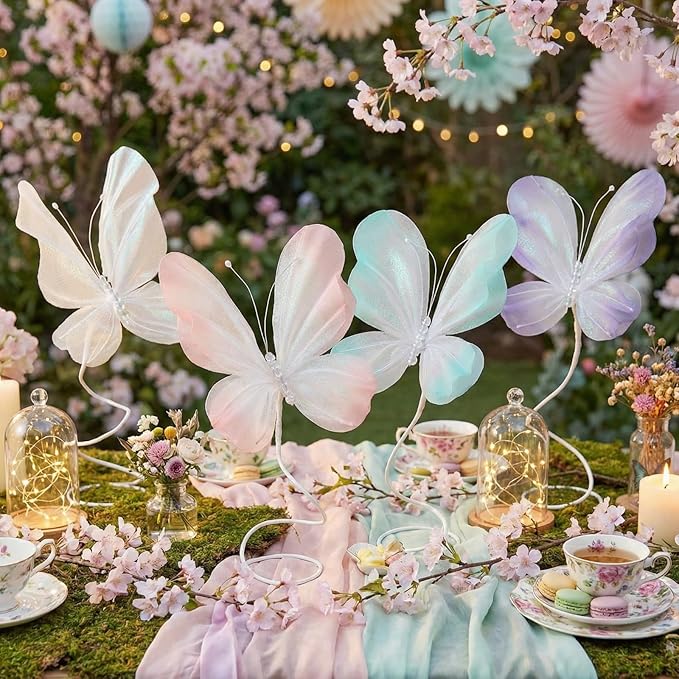 Roowest 4pcs Butterfly Party Decorations Table Centerpiece Gradient Silk Flying Large Butterfly Centerpiece 3D Pink Purple...