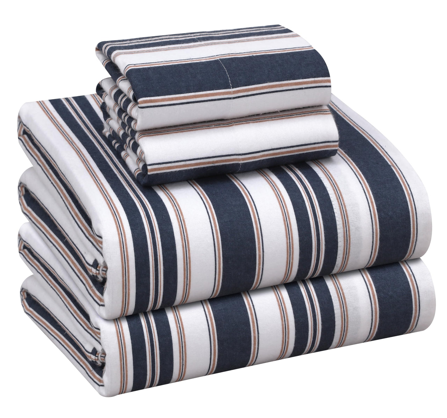 RUVANTI Flannel Sheets Full Size - 100% Cotton Double Brushed Bed Sheets Set, Deep Pockets 16 Inches, All Seasons Breathable & Extra Soft Full Sheets, Warm & Cozy, 4 Piece, Maritime Stripe