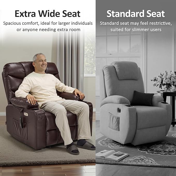 MCombo Oversized Power Lift Recliner Chair with Extended Footrest, Extra Wide 27.2" for Big and Tall Elderly People, Faux Leather R7289 (Dark Brown, Medium-Oversize)