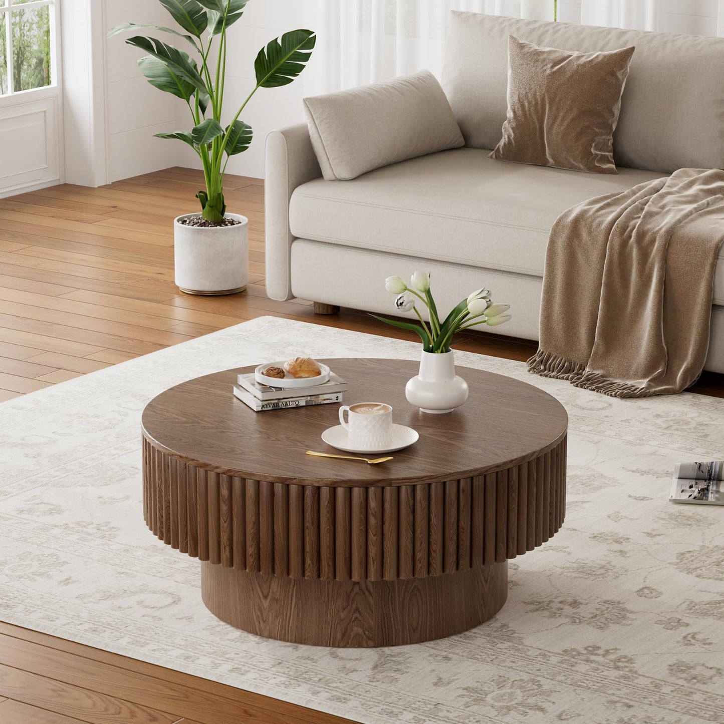 Rophefx Round Coffee Table with Storage, Wood Circle Coffee Tables for Living Room, Fluted Modern Circle Drum Center Tea Tables, ø31.5" x 14"H, Walnut Color