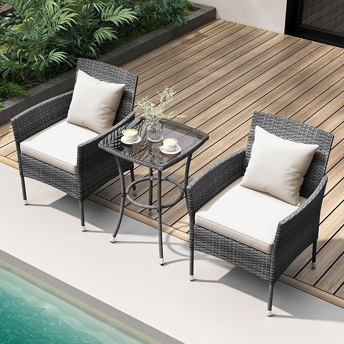 KOTEK 3 Pieces Patio Furniture Set, PE Rattan Outdoor Conversation Set with Tempered Glass Table & Soft Cushions, Wicker Bistro Set for Garden, Porch, Balcony (Off White)