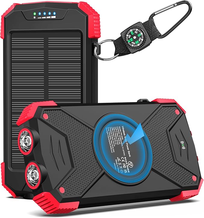 BLAVOR Solar Power Bank 10,000mAh, Portable Wireless Charger, 20W Fast Charging External Battery Pack with USB C for Cell Phones, Solar Panel Charging with Dual Flashlight for Camping