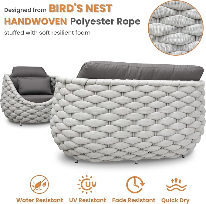 Erotr Aluminum Outdoor Seating Set: 5 Pieces Woven Rope Patio Furniture Conversation Set - Modern Deck Loveseat Set Cushioned - Assembled Metal Porch Lounge Set for Yard Garden Lanai Hotel Resort Pool