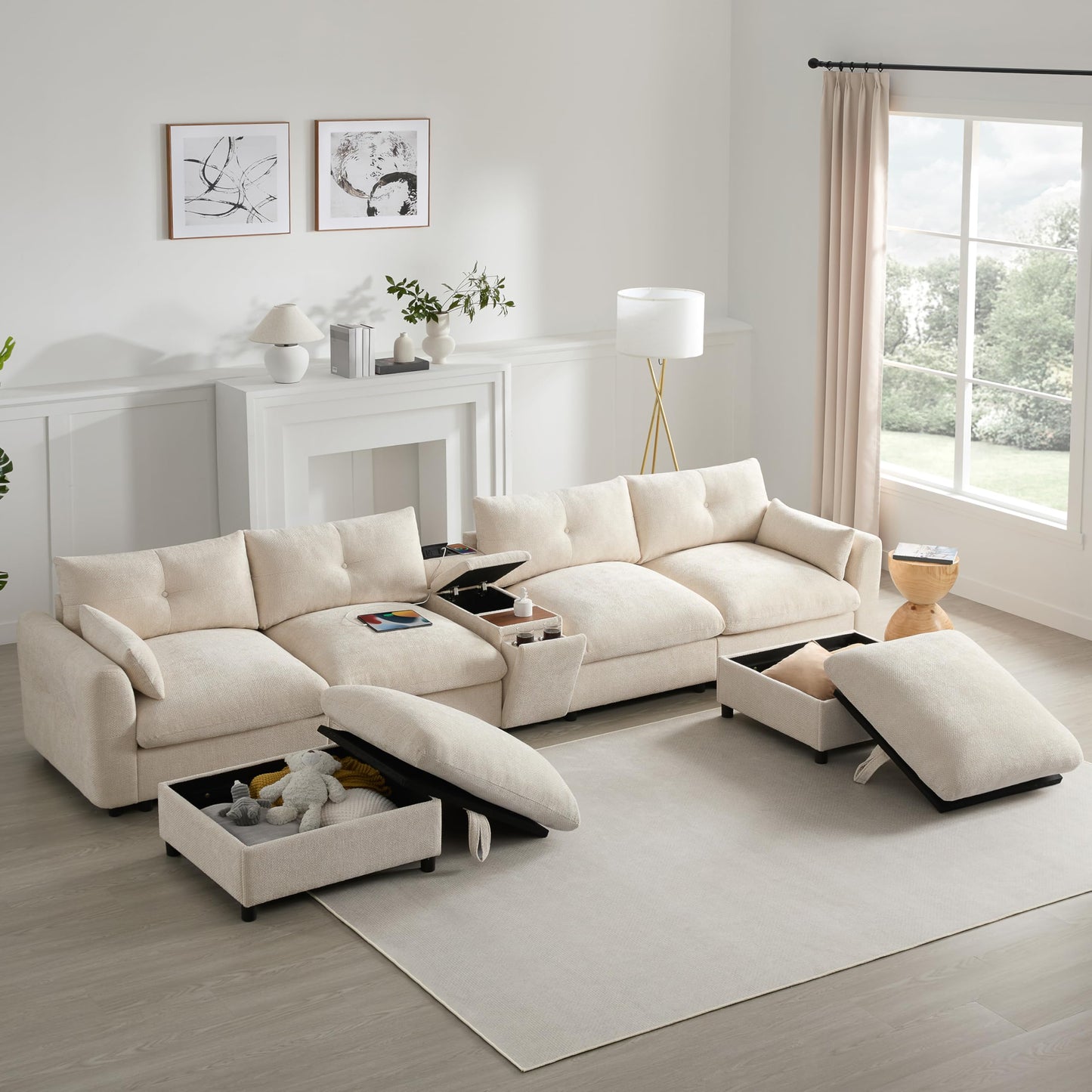 Merax 142'' Modular Sectional Sofa Set with Movable Storage Ottoman and Console, Cup Holder, Wide Seat, 6 Seat U Shaped Couch, Oversized Chenille Sofa with USB Charger for Living Room, Beige