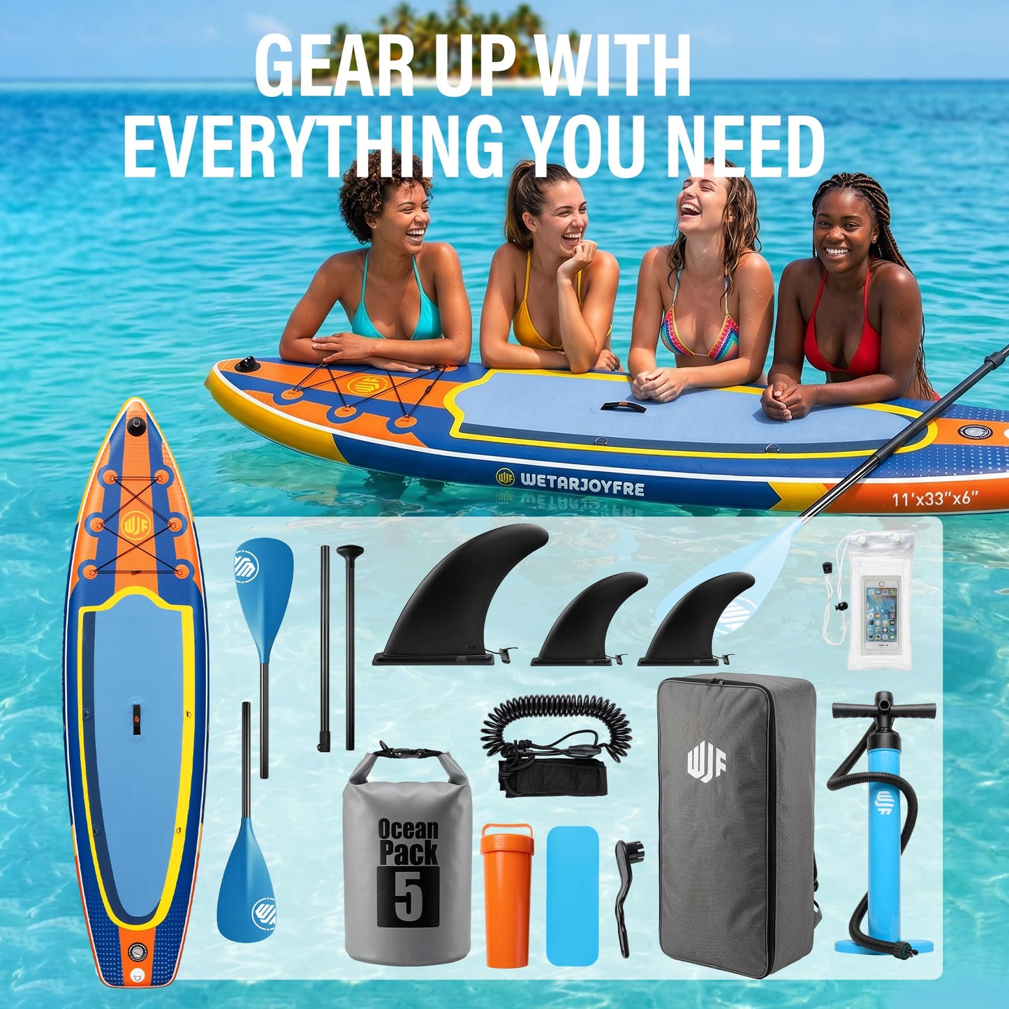 WETARJOYFRE Inflatable Stand Up Paddle Board, 11' x 33" x 6" Extra Wide SUP with Premium Accessories, Non-Slip Deck ISUP for All Skill Levels, Adults, Youth, Fishing, Yoga, Floating on Ocean & Lake
