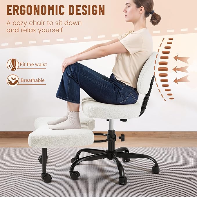 Homall Ergonomic Cross Legged Office Desk Chair with Wheels, 360° Swivel and Adjustable Height for Meditation and ADHD,Criss Cross Kneeling Chair with Lumbar Support (Teddy Fabric, White)