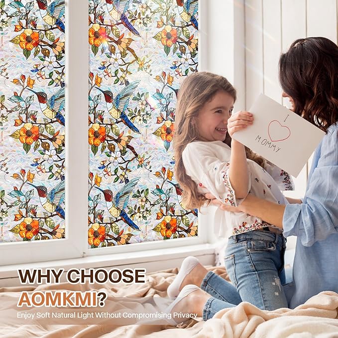 Stained Glass Window Film UV Resistant Window Privacy Film Hummingbird Floral Privacy Rainbow Decals Living Room Bedroom Sun Blocking Decor Removable Static Cling Stickers 17 x 39.37 Inch