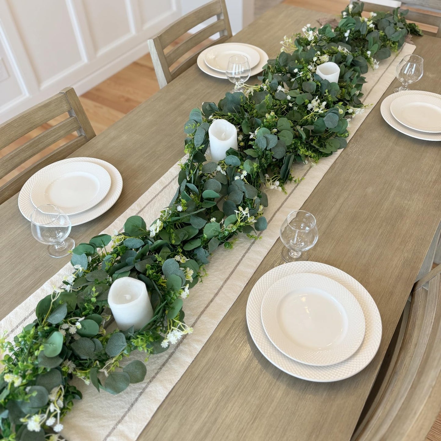 CQURE 4 Pack 5.9Ft Eucalyptus Garland,Artificial Eucalyptus Flowers Leaves Table Greenery Garland Wreath Vines for Wedding Party Table Fireplace Bedroom Wall Room Decor