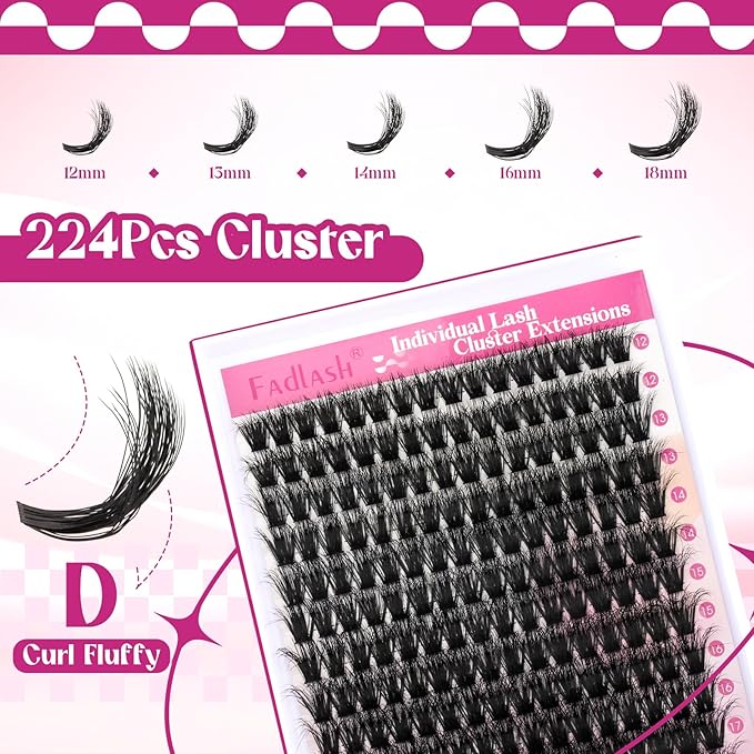 FADLASH Lash Clusters Thick Lash Extension Clusters 100D Individual Lashes 12-18mm Cluster Lashes D Curl Large Tray Eyelash Clusters 3D Effect Reusable (100D-07D-12-18mm)