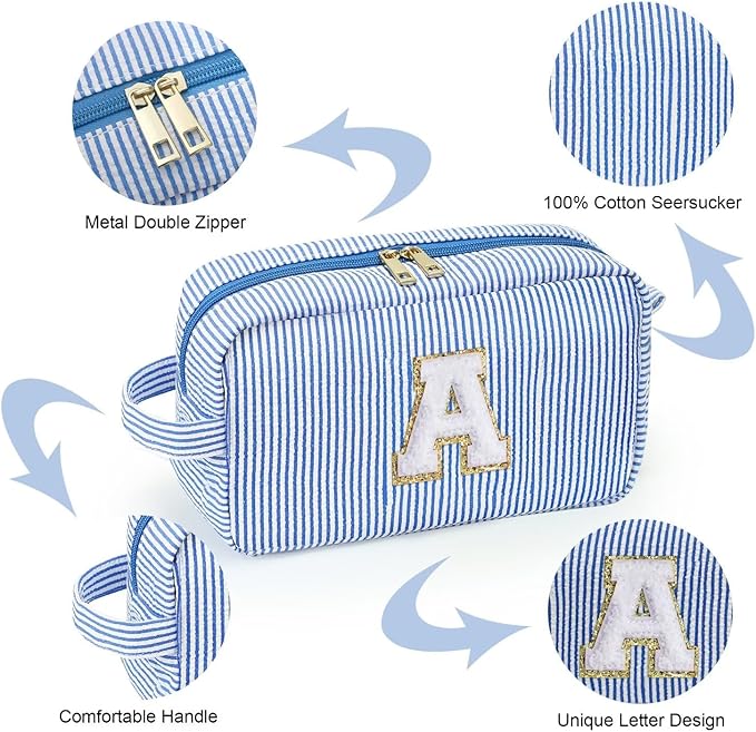 YOOLIFE Initial Makeup Bag for Women - Monogram Cute Large Blue Makeup Bags Cosmetic Toiletry Pouch Make Up Case for Women Her Best Friend Mom Sister Teacher, Personalized Birthday Gifts for Women R