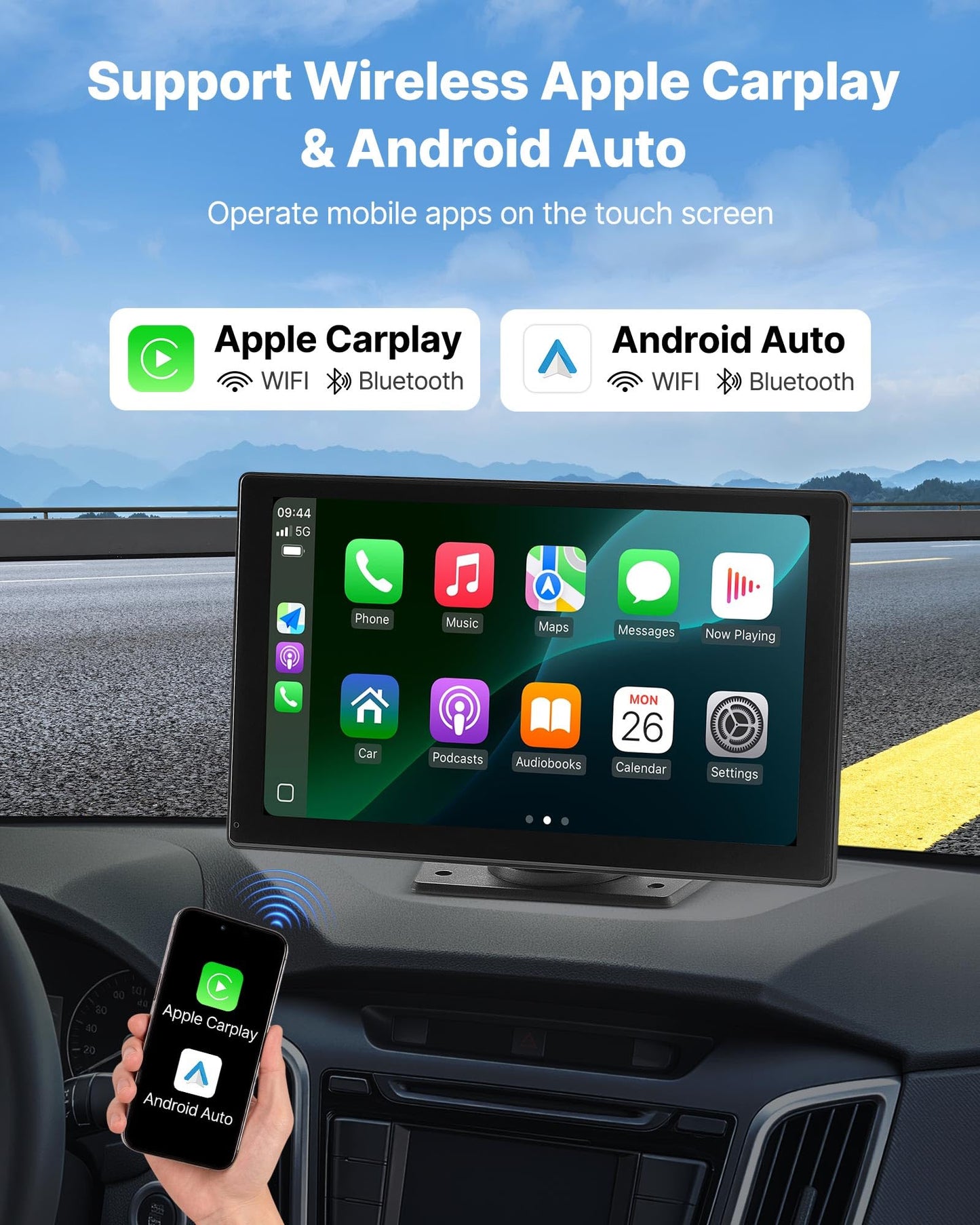 Vevor Wireless Car Stereo, 9-Inch Hd Portable Radio Touch Screen Compatible With Apple Carplay & Android Auto, Carplay Screen Wi
