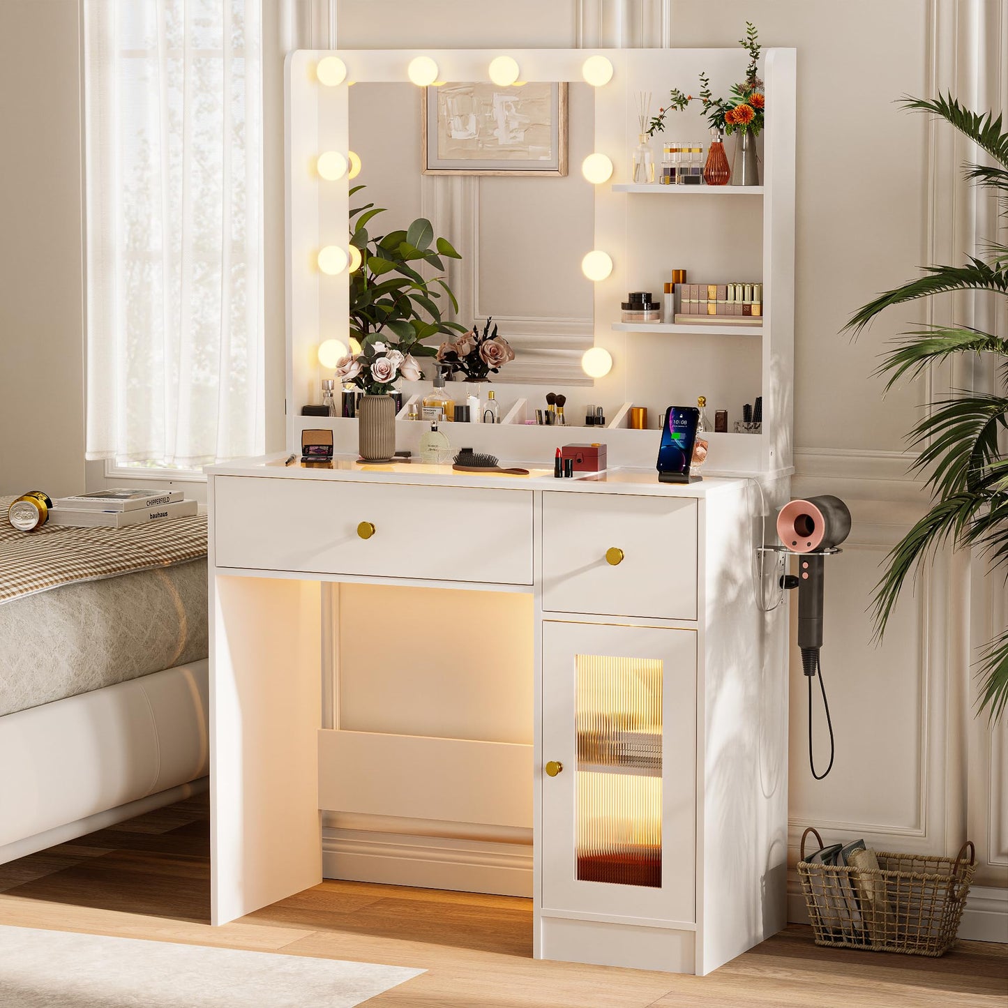 LAKEMID Vanity Desk with Mirror and Bulbs Lights, White Glass Top Makeup Vanity Table with Drawers & Power Outlet,3 Lighting Modes & Adjustable Brightness, Modern Vanity Dressing Table with Cabinet