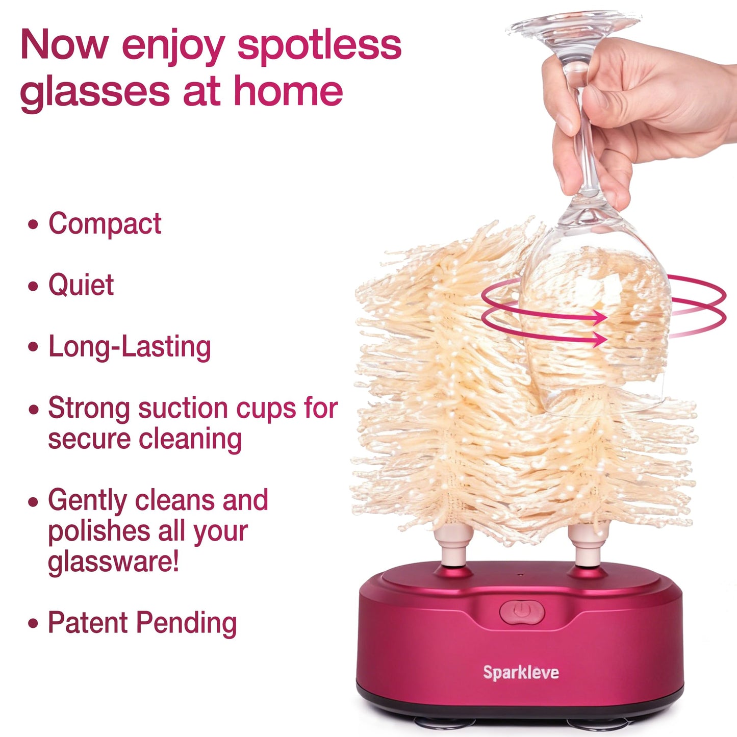 Home Glassware Polisher, World's First Affordable Spinning Glass Polisher, 600 RPM Dries and Polishes, All Glasses, Wine, Bar, Drinking, For Sparkling Glassware. Burgundy, Premium Painted