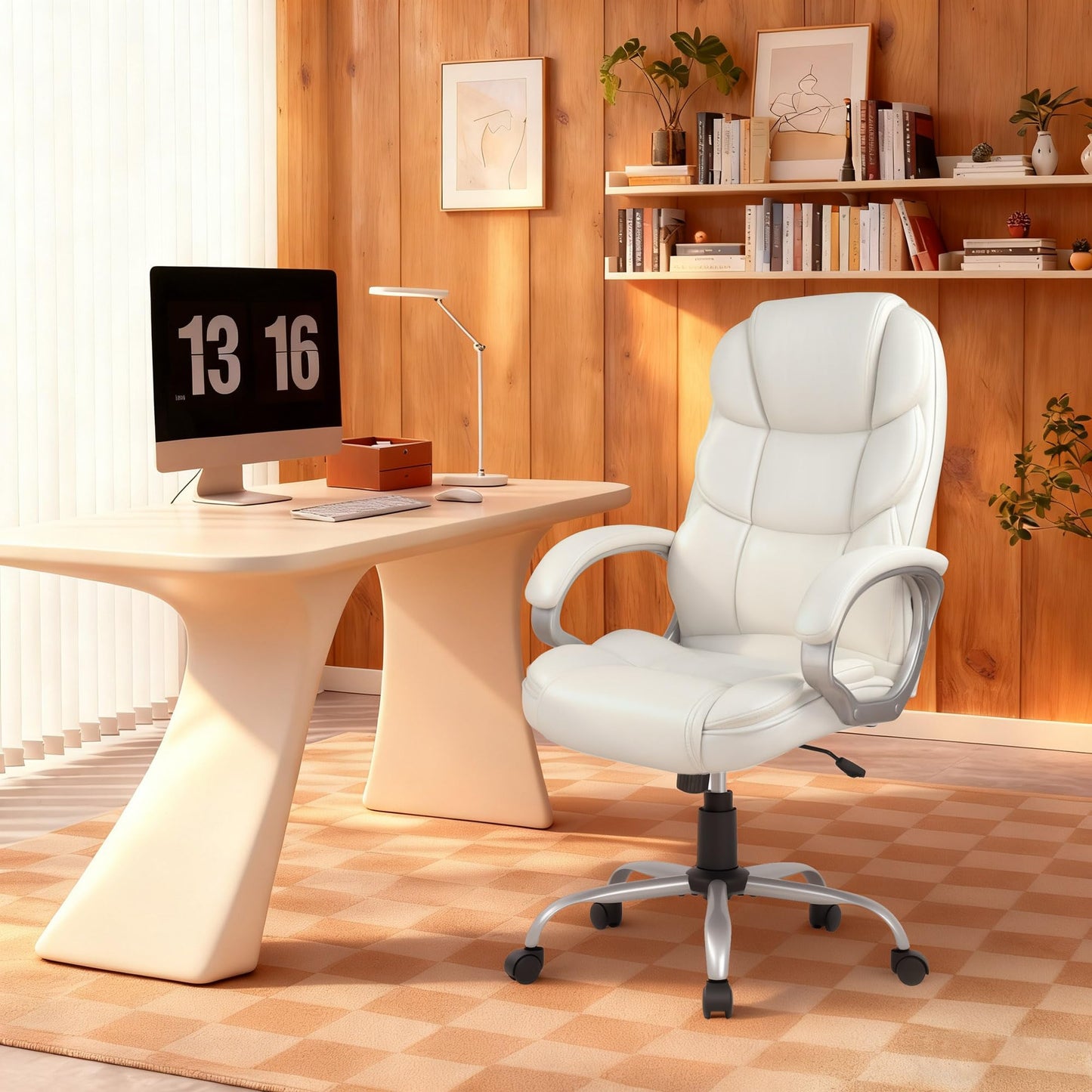 FDW Office Chair Computer High Back Adjustable Ergonomic Desk Chair Executive PU Leather Swivel Task Chair with Armrests Lumbar Support (Beige)