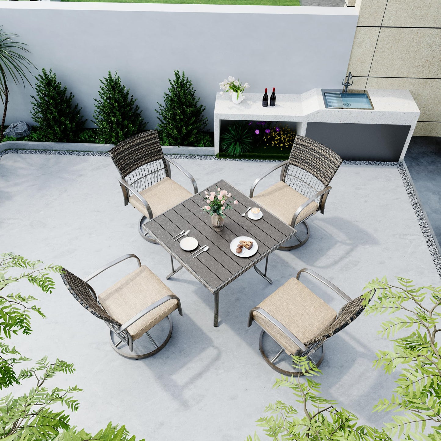 Pamapic 5 Piece Outdoor Furniture Set, Rattan Outdoor Patio Furniture Set for Deck Backyard with Iron Slats Outdoor Dining Table, 4 Swivel Outdoor Dining Chairs and Removable Cushions (Beige)