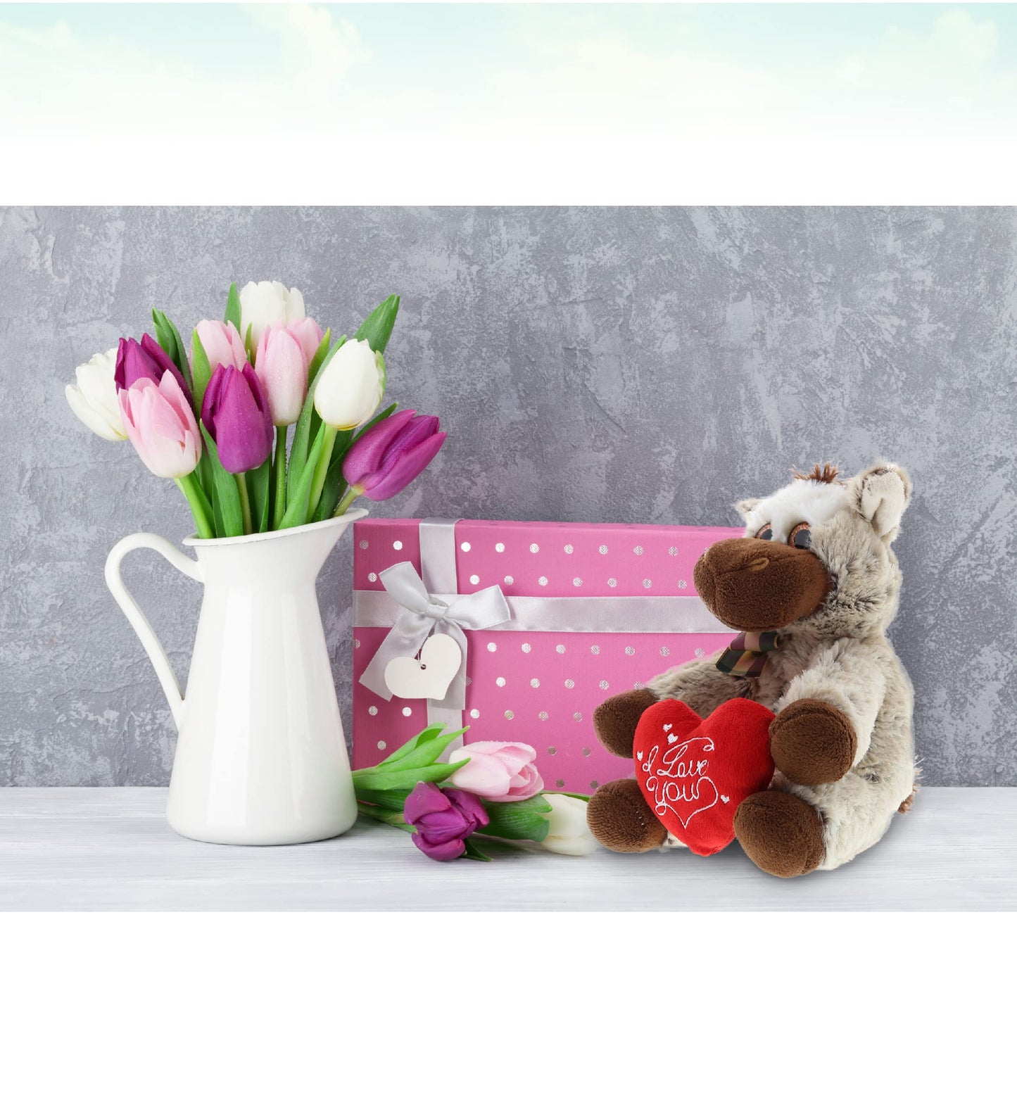 DolliBu I Love You Valentine Plush Floppy Donkey - Cute Stuffed Animal with Red Heart and Name Personalization Gift for Valentines Day, Birthday, Anniversary, Romantic Date - 6.5 Inches