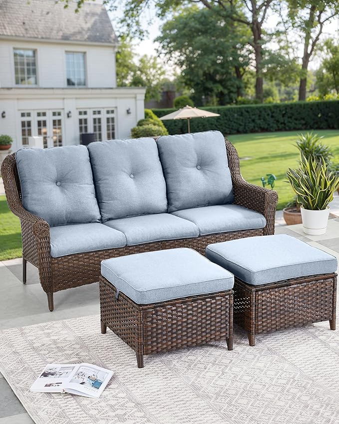 ACTREST Patio Couch Outdoor Wicker Sofa - Heavy Duty All-Weather Brown Rattan 3-Seater with High Back and Comfortable Thick Cushions for Garden Back Porch Poolside Apartment - Baby Blue
