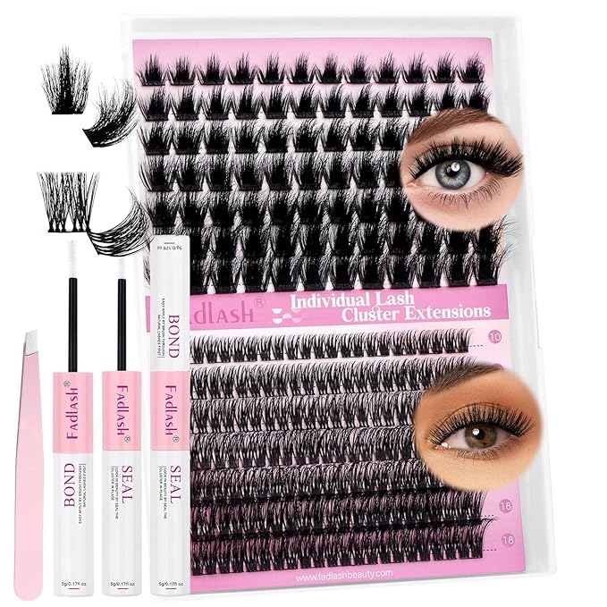 FADLASH Lash Extension Kit Lash Clusters Kit 10-18mm Eyelash Cluster Lashes with Lash Bond and Seal Lash Tweezers DIY at Home (KLS242+CLS015-07D-10-18 Kit)
