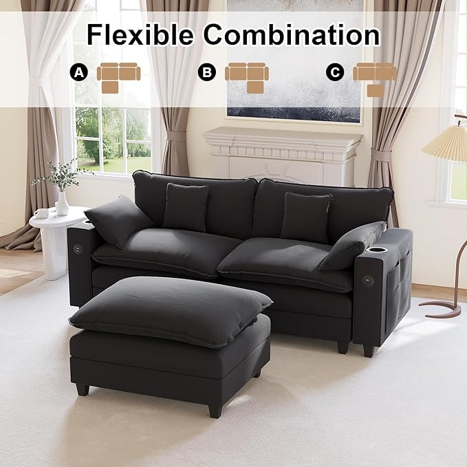 KCGKCG 80.7" Modular Sectional Sofa, L Shaped Cloud Couch with Movable Ottoman, Chenille Deep Seat Cloud Sofa with Charging Station, Cup Holder, Side Pocket, Sectional Couches for Living Room, Black