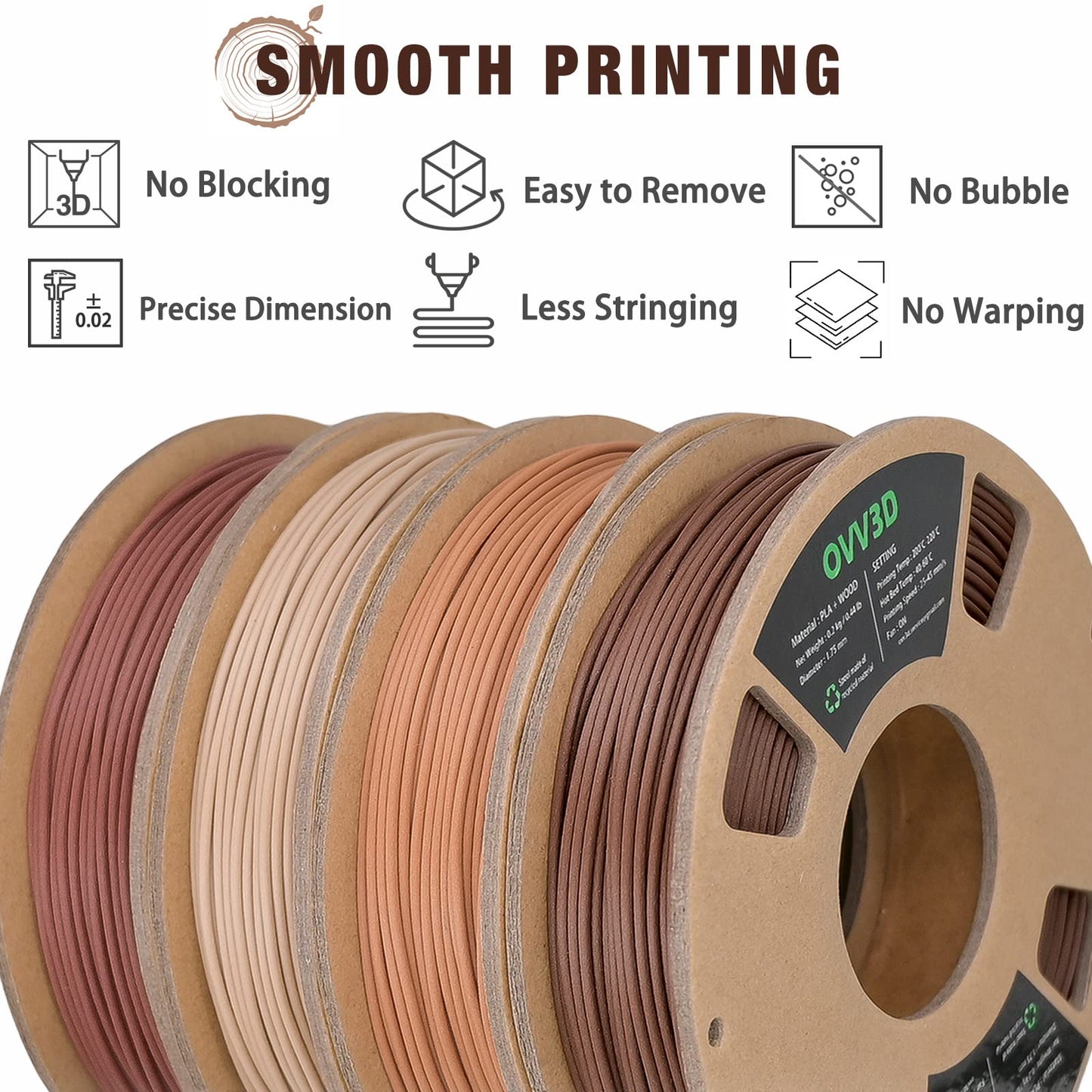 OVV3D Wood 3D Printer Filament Bundle, Wood PLA Filament 1.75mm Bundle, Add More Than 30% Real WoodFiber, Walnut, Oak, Cherry, Teak, 1.75 PLA Filament 3D Printing Filament, 200g X 4 Pack
