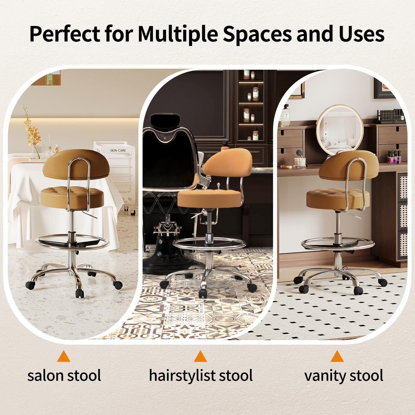 FIRAVOE Rolling Chair (Adjustable Height 20-27 inch) (Stool with Quiet Wheels and Foot Rest) Multifunctional Nail Salon and Spa Stools (Camarel Brown)