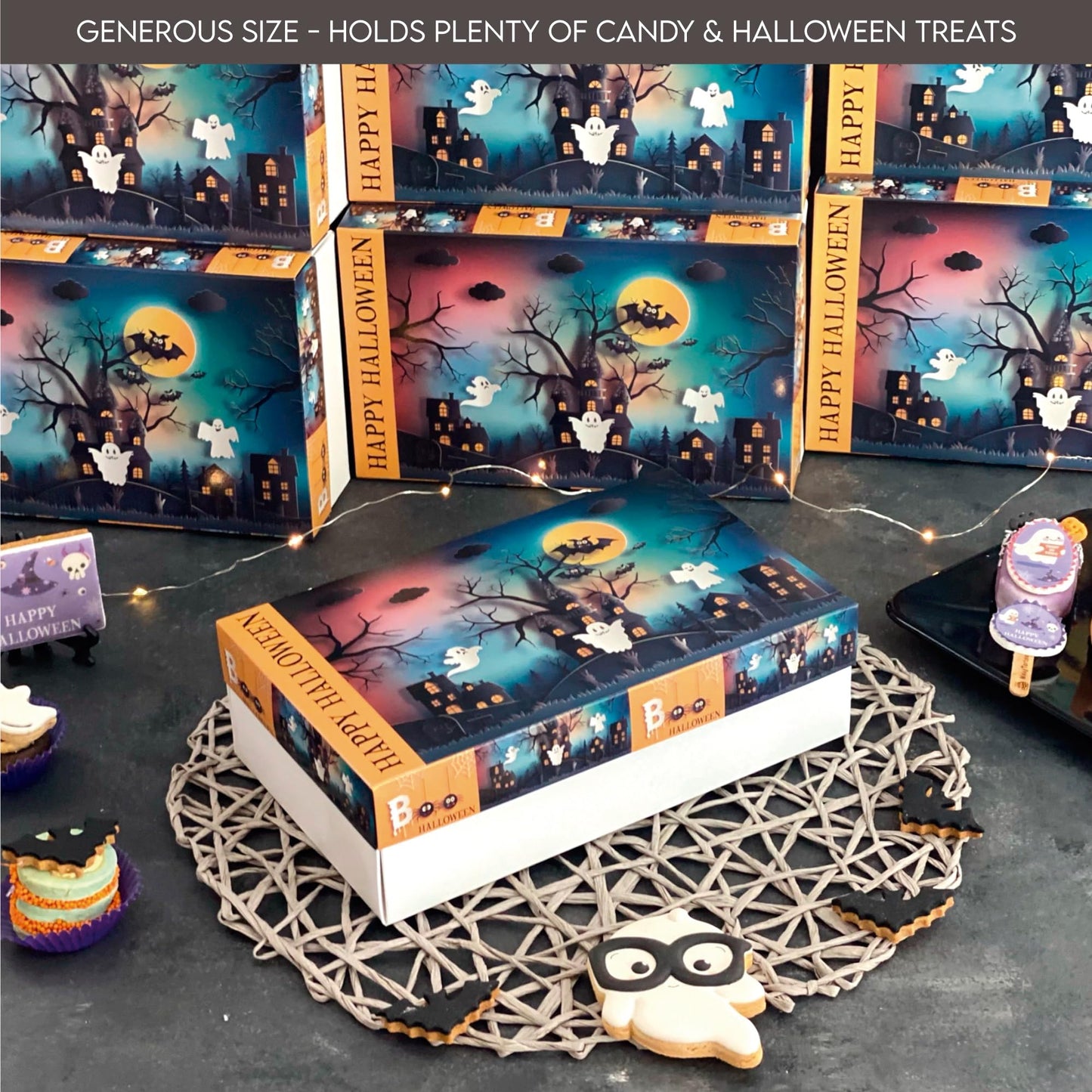 VASSAPACK 8 Pcs Halloween Treat Boxes 9.84x5.90x2.95 inches, Trick or Treat Favor Boxes, Halloween Party Supplies, Candy Containers, Halloween Surprise Gift Boxes