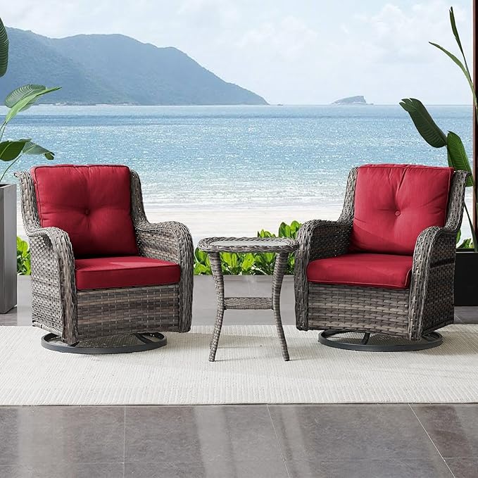 Belord Outdoor Swivel Rocker Wicker Chairs Set of 3, High Back Swivel Patio Chairs Wicker Furniture Set, 2 PCS Rattan Swivel Rocking Chair with Side Table, Red Cushion
