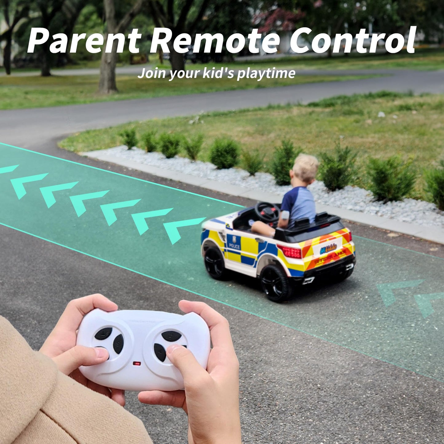 Hikiddo Electric Police Car for Kids, 24V Kids Ride-on Toy Car w/Remote Control, 400W Motor - White
